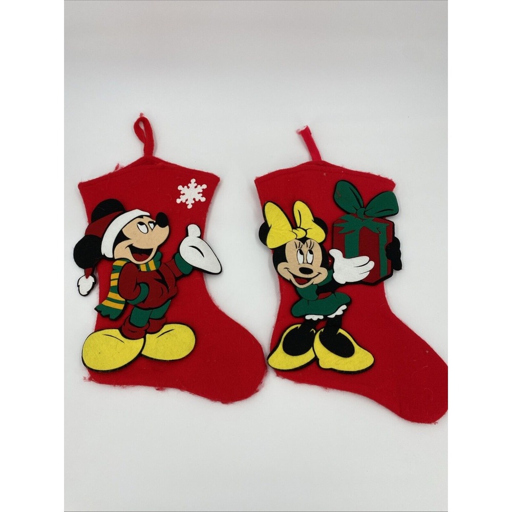 Mickey And Minnie Christmas‎ Felt Stockings Appliqué 3D Red Green 16 Inch Disney